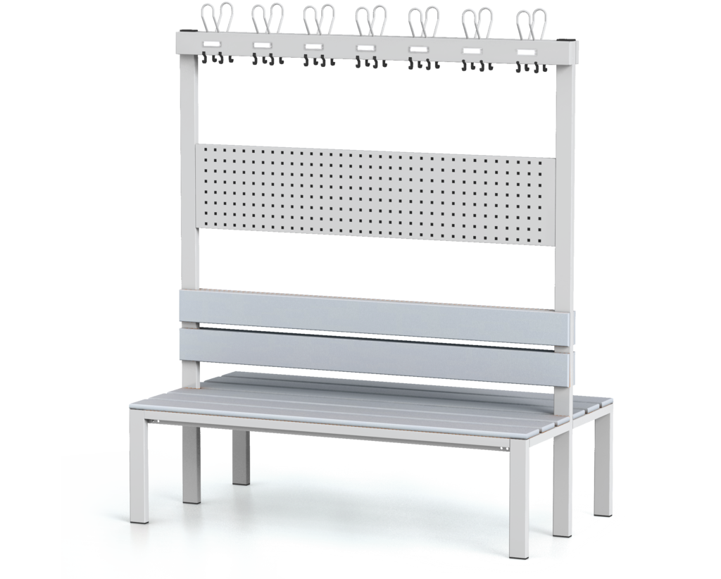 Oboustranná lavice s opěradlem a věšáky, PVC latě - základní provedení 1800 x 1500 x 830